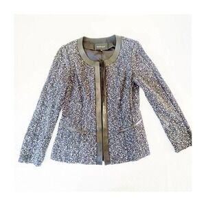 Lafayette 148 Black Wool Blazer Leather Trim Zipper Accents SZ4